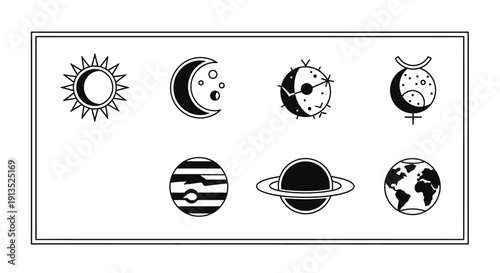 A collection of celestial symbols representing planets moons and astrological signs on transparent background silhouette high quality professional detailed