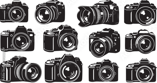 Collection of various camera models and types illustration set