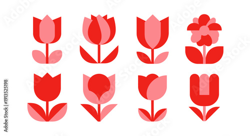 A collection of stylized red tulips and a flower presented in a graphic arrangement on transparent background silhouette