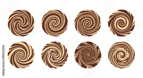 Eight circular patterns with swirling brown and beige designs are presented ideal for design projects on transparent background silhouette