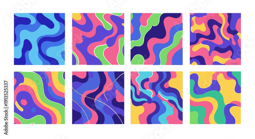 A vibrant collection of swirling abstract patterns displayed in rectangular frames on transparent background silhouette high quality professional detailed