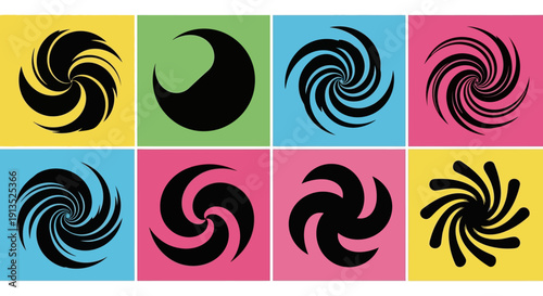 A vibrant collection of nine black spiral shapes against colorful backgrounds on transparent background silhouette high quality professional detailed