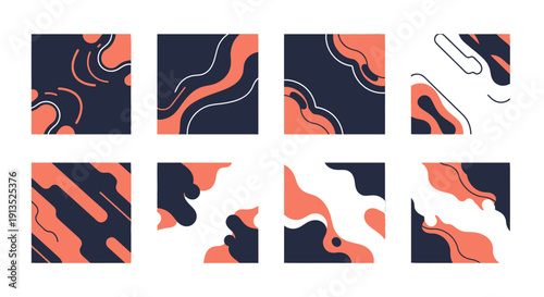 A collection of eight abstract square designs featuring flowing lines and shapes on transparent background silhouette high quality professional