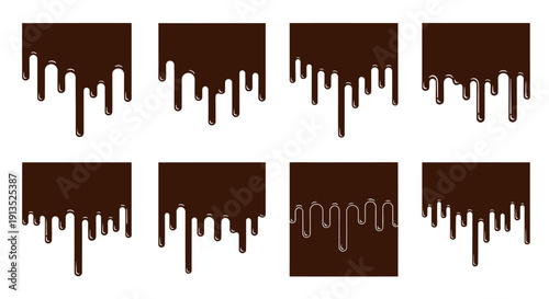 A set of eight dark brown dripping shapes arranged in a grid ideal for design projects on transparent background silhouette