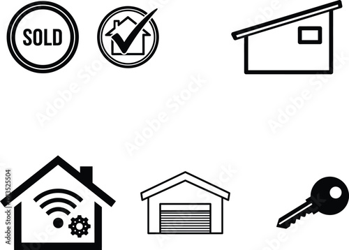 Black and white house and property icons with key and smart home technology