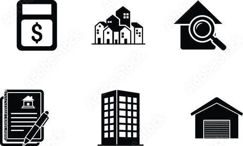 black and white icons of buildings and money