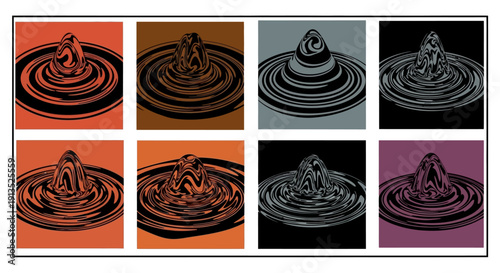 A vibrant display of water droplet impacts presented in varied colors ideal for design use on transparent background silhouette