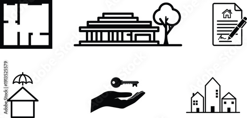 Black and white icons of houses and buildings with a hand holding a key