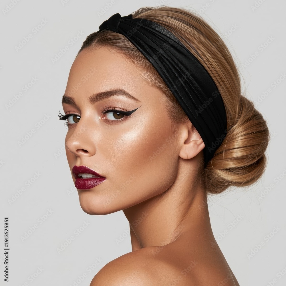 Fototapeta premium A woman with flawless makeup and a dark headband poses with her hair styled in a low bun against a neutral background.