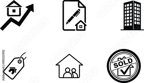 Black and white real estate icons set with house and building symbols