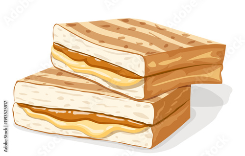 Kaya Toast Illustration: Stacked Grilled Bread with Thick Butter and Coconut Jam Slices - Traditional Singaporean and Malaysian Breakfast Snack