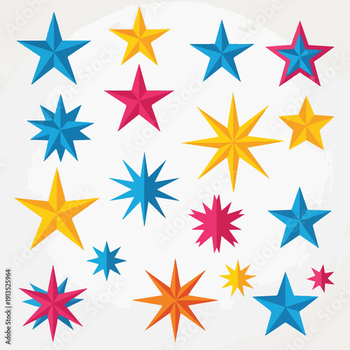 A collection of various colorful stars of different shapes and sizes