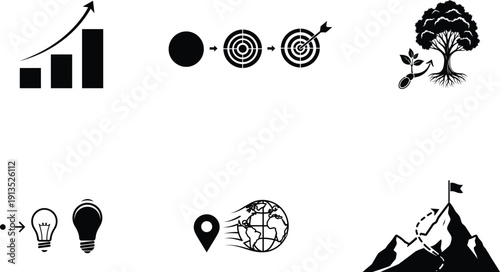 Black and white business and growth icons on white background