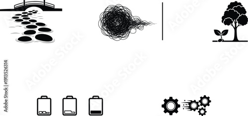 Collection of various black and white icons on white background  technology and nature symbols