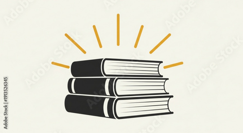 Stack of Black Books with White Pages and Golden Rays