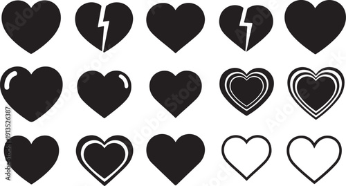 Collection of black and white heart symbols and icons