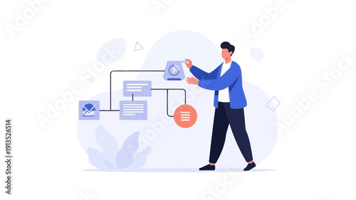 Man organizing workflow flowchart, business process management and strategy illustration