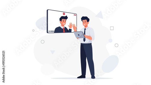 Business Meeting Online: Two Colleagues Connect Via Video Call on Tablet and Screen