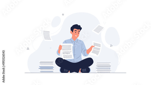 Man Sitting With Piles of Paperwork, Paperwork Chaos, Organization Concept