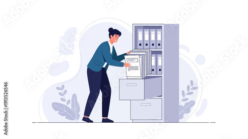 Businesswoman Organizing Files in Office Filing Cabinet