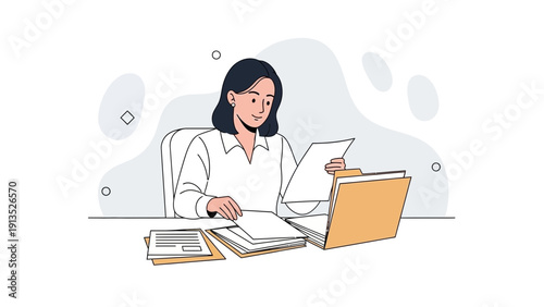 Woman reading documents at desk, business administration concept