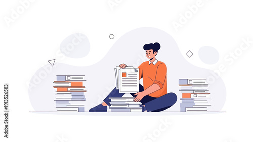 Young man surrounded by stacks of documents, paperwork organization, study, work concept