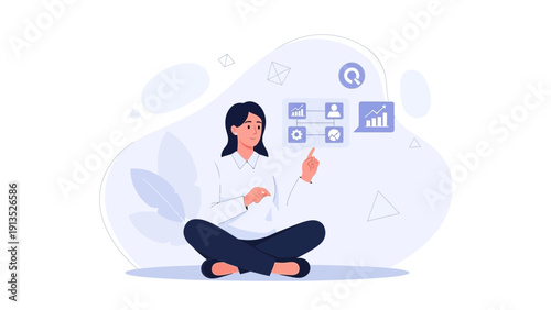 Woman interacting with digital interface, business strategy planning, analytics, workflow