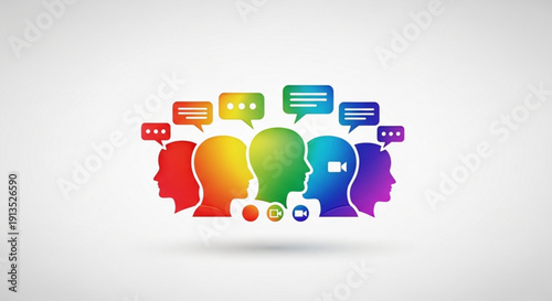 Diverse group of people heads in rainbow colors with speech bubbles and social media icons on white background