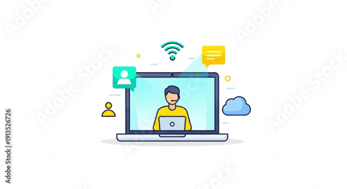 Remote worker on laptop with video call and cloud computing symbols around
