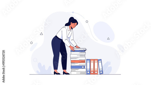 Woman Organizing Stack of Paperwork and Binders, Business Document Management