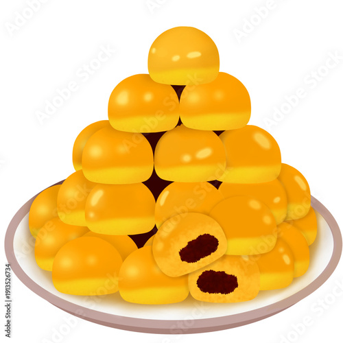 Premium illustration of nastar cookies stacked on a white plate. Traditional Indonesian pineapple tart cookies popular during Eid al-Fitr celebration. Clean food presentation isolated for festive
