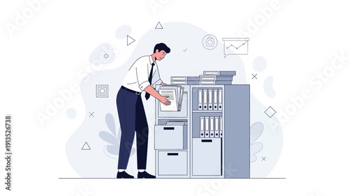 Businessman Organizing Files in Filing Cabinet, Office Workflow Concept