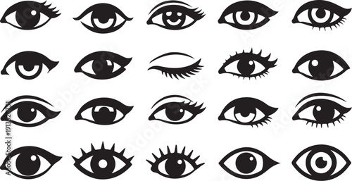 Collection of various eye icons in black and white
