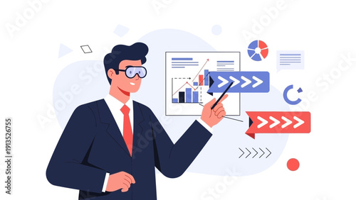 Businessman presenting financial report with charts and data analysis