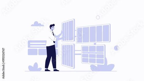 Man installing solar panels, renewable energy concept, clean power generation