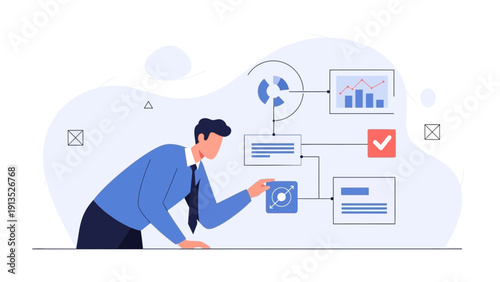 Businessman Analyzing Data Flowchart for Business Strategy and Planning