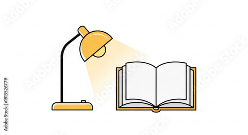 Yellow Desk Lamp Shining on Open Book Isolated on White Background