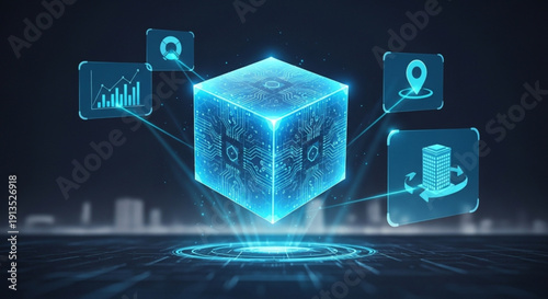 Glowing blue cube with circuit board patterns and icons floating around it in a futuristic cityscape at night with neon lights