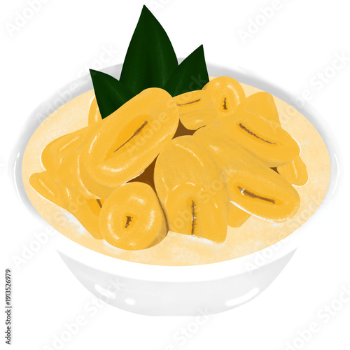 High quality food illustration of kolak pisang served in a clean white bowl. Traditional Indonesian sweet dessert made of banana, coconut milk, palm sugar syrup, popular during Ramadan and Eid