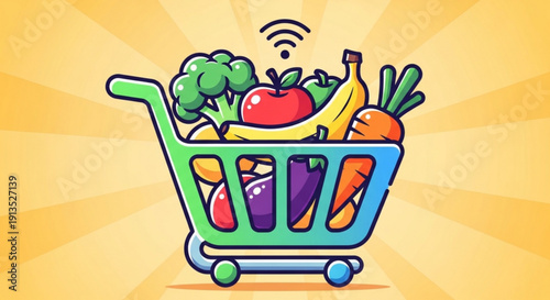 Colorful shopping cart filled with fresh fruits and vegetables online shopping concept vibrant digital illustration with yellow background
