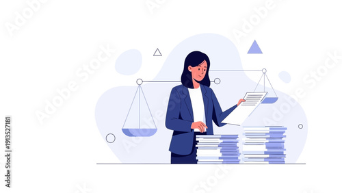 Lawyer Woman With Stack of Documents and Scales of Justice