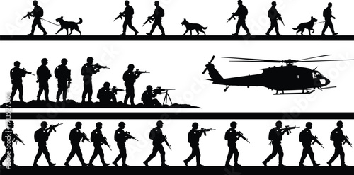 Military soldiers silhouettes with rifles patrol dog and helicopter black vector illustration isolated on white background army concept