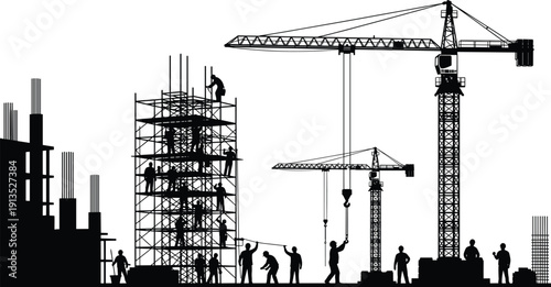 Construction workers silhouettes with tower cranes scaffolding black vector illustration isolated on white background building industry concept
