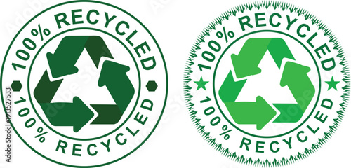 "100% Recycled Badge Set, Green Eco Friendly Seals, Sustainability Certification Marks, Recycling Symbol Labels, Environmental Protection Emblems, Zero Waste Product Stamps"