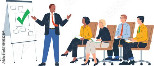 Business presentation with team meeting, manager explaining strategy on flipchart board, corporate training concept flat vector illustration