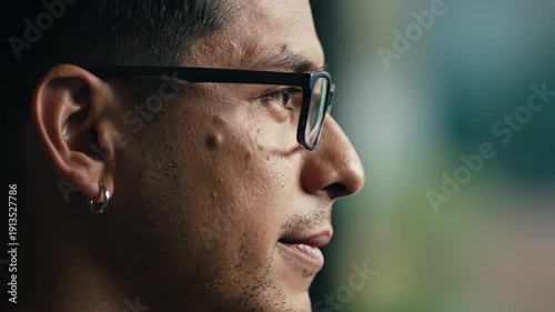 Close-up profile shot of a man wearing modern glasses, looking contemplatively into the distance with a soft-focus background.