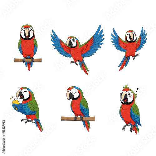 Vibrant parrots in various poses showcasing colorful plumage and playful personalities