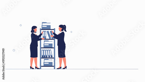 Two businesswomen organizing files on a shelf, office work concept