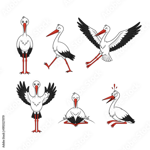 Set of six storks in various poses and expressions