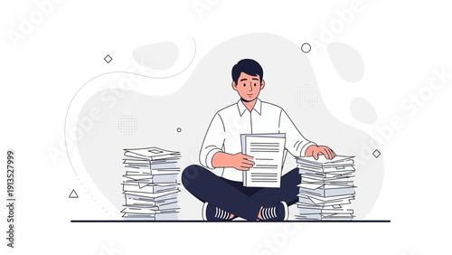 Man Sitting With Piles Of Paperwork, Document Management And Organization